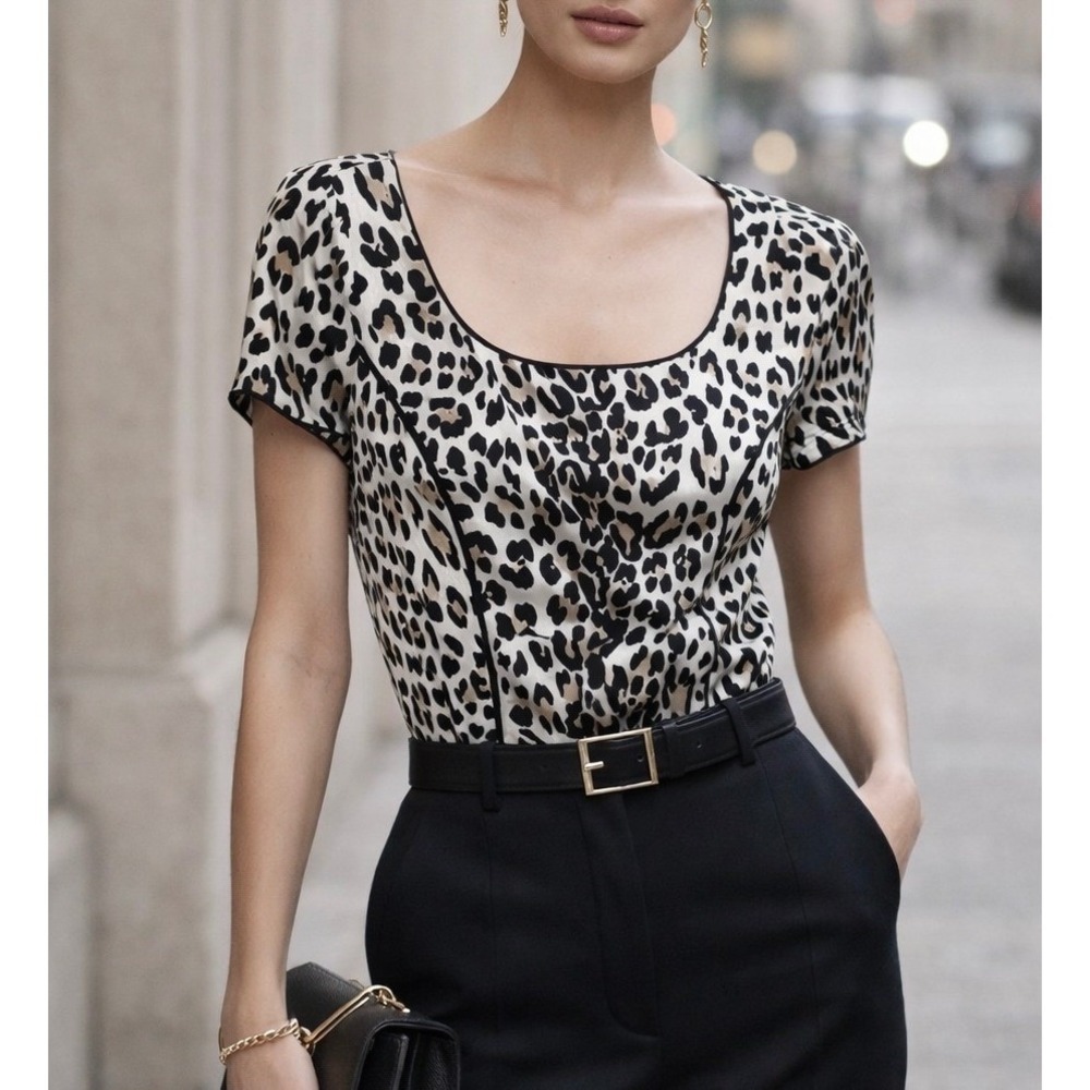 WHBM Silk Blouse Top Animal Print Short Sleeve 2